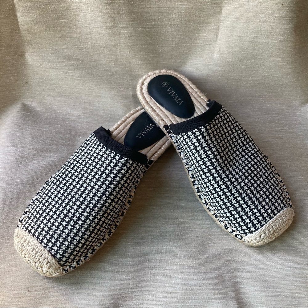 VIVAIA Sz 37 Sherly Slip  On Mini Houndstooth Espadrille Soles Clogs Mules